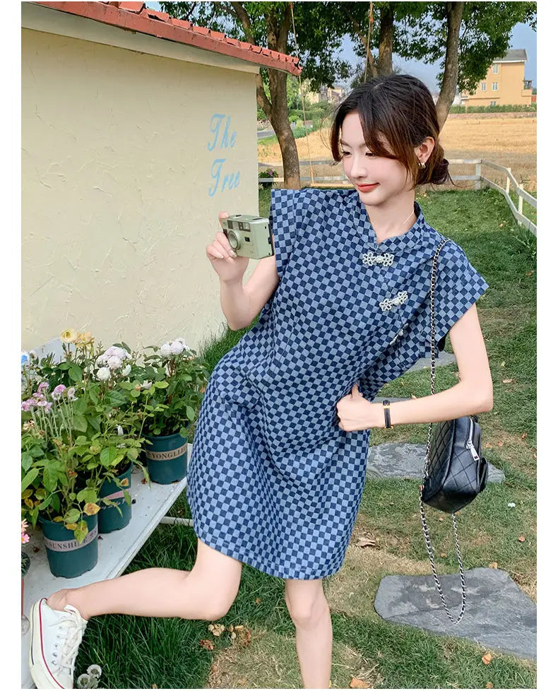 Checkered Ethnic Style Summer Lightweight A Line Dress for Women