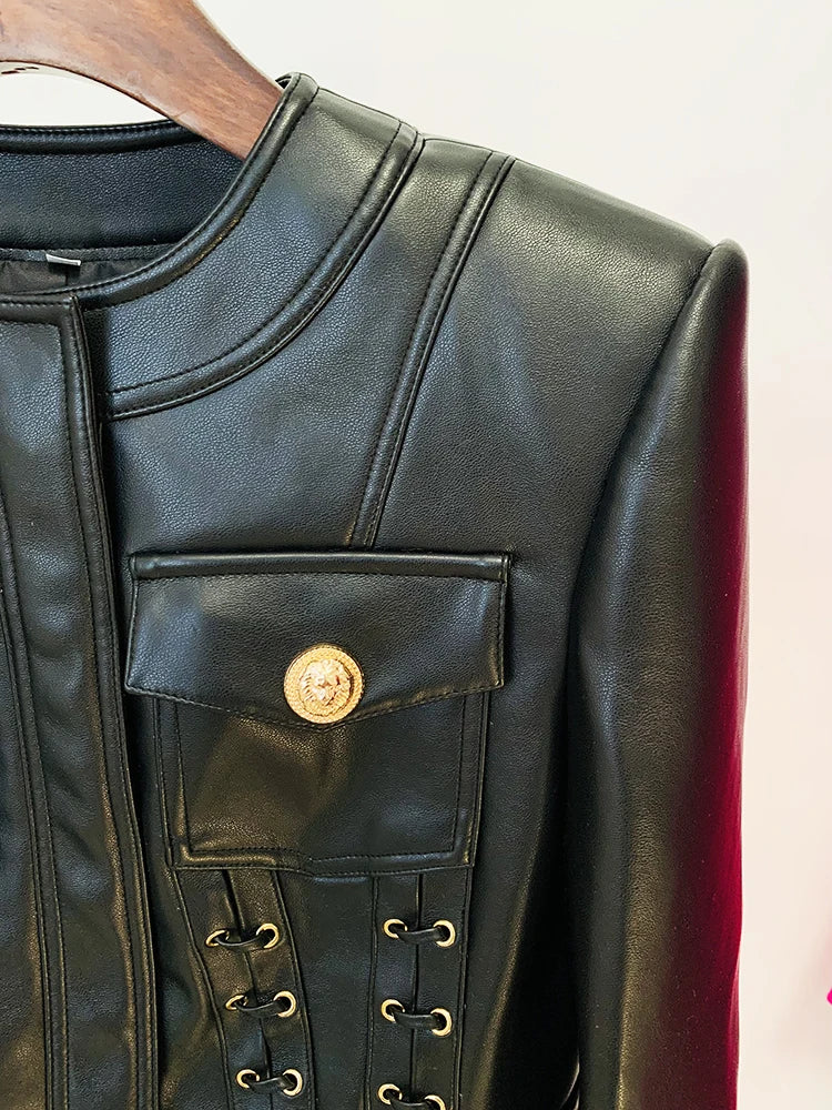 HIGH STREET Newest Fashion 2025 Designer Blazer Women's O-neck Rope Lace-Up Trimmed Artificial Leather Jacket