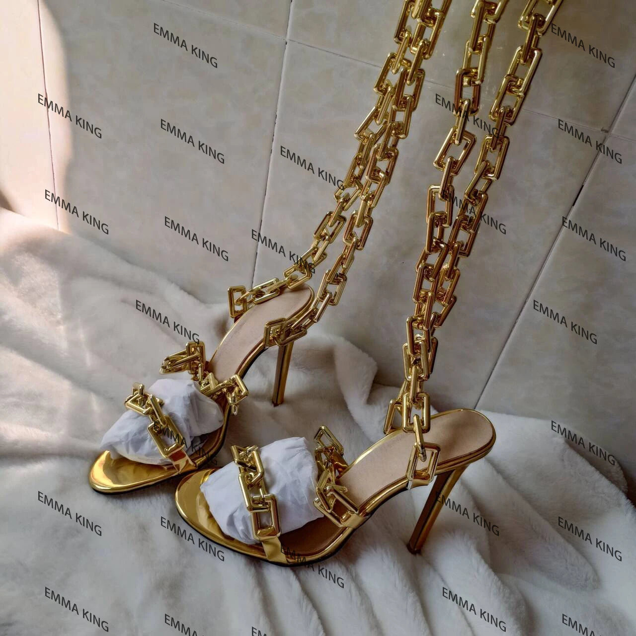 Patent Leather Twist Heel Chain Sandals