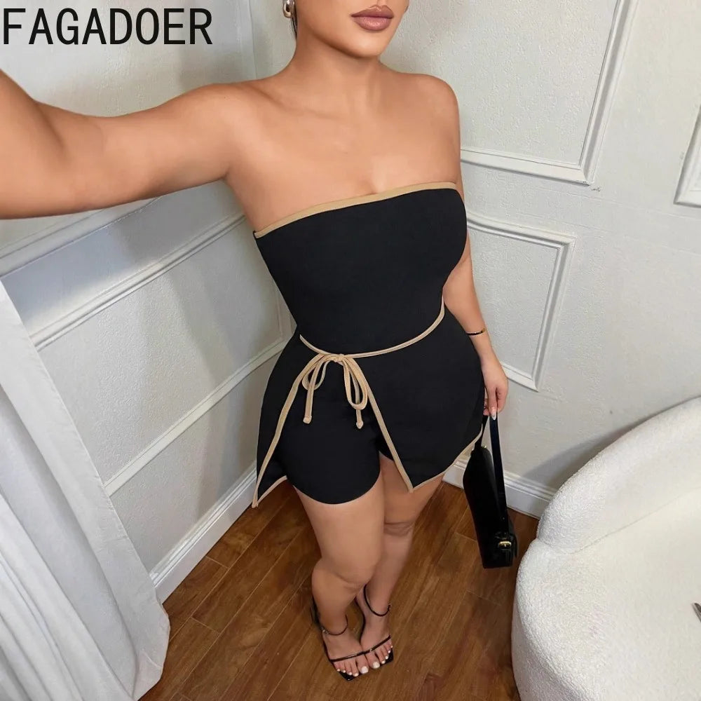 FAGADOER Sexy Striped Patchwork Bodycon Jumpsuits Women Solid Sleeveless Backless One Piece Rompers Female Streetwear Overalls