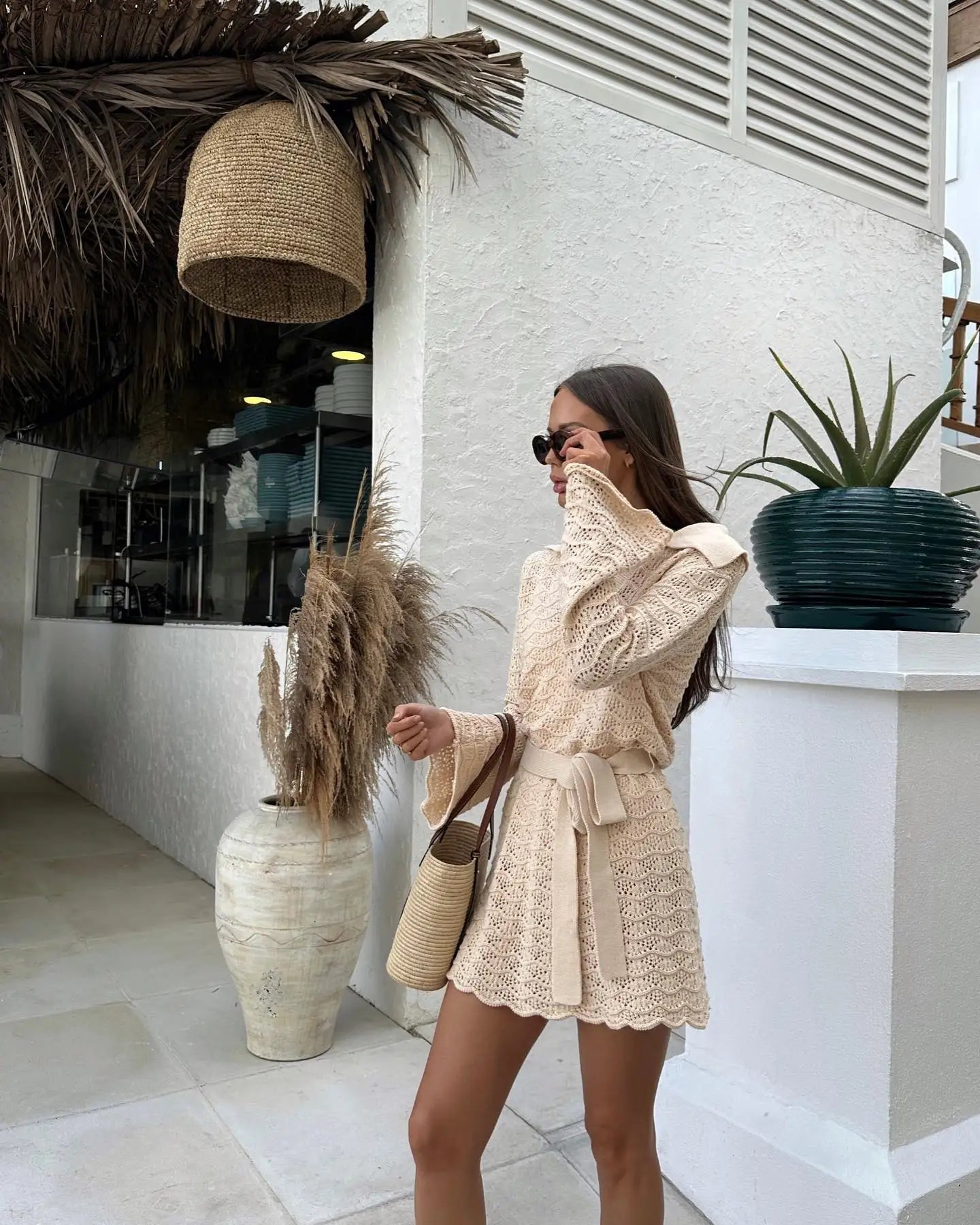 Sexy Shirt V-neck Bell Sleeve Hollow Out Knitted Belted Beach Mini Dress 2025 Summer Swimsuit Cover Up Women's Casual Outfit K16