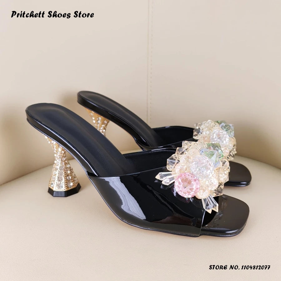 Sleek Patent Leather Square Open Toe Mules With Crystal Trim For Women