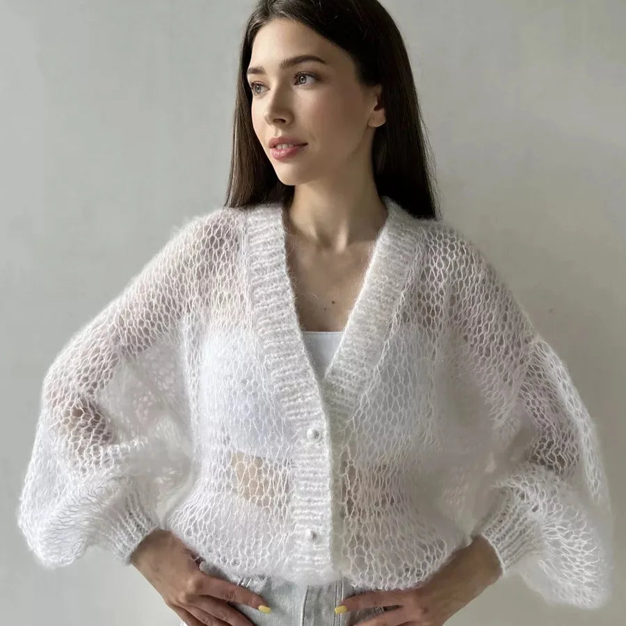 Loose Fit Open Knit V Neck Cardigan Sweater for Women