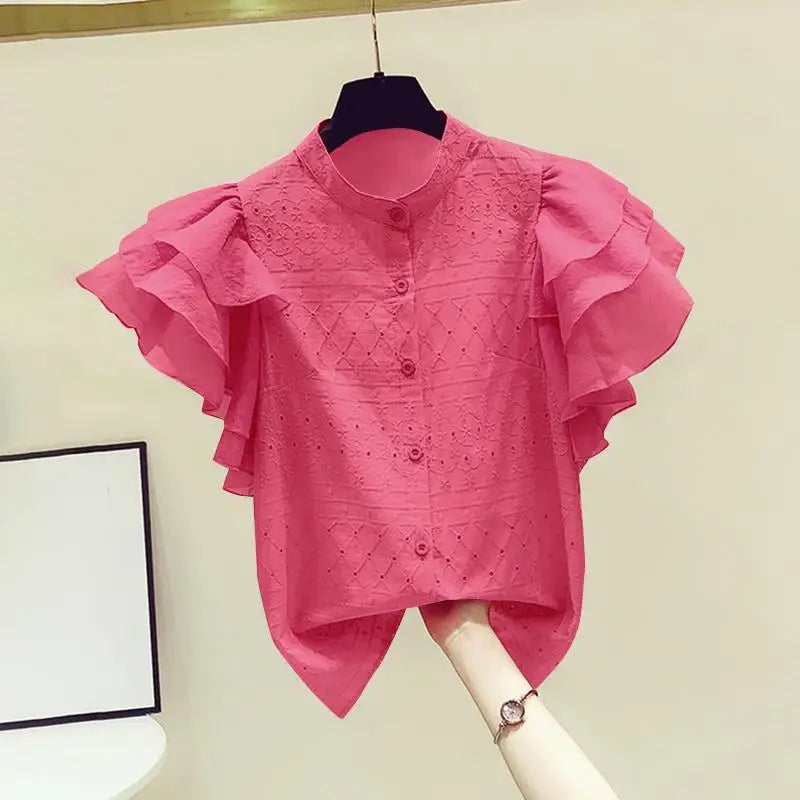 ZANZEA Korean Fashion Lace Shirt Women Ruffle Short Sleeves Tops 2024 Summer Designer Blouse Office Lady Lapel Neck Buttons Tops