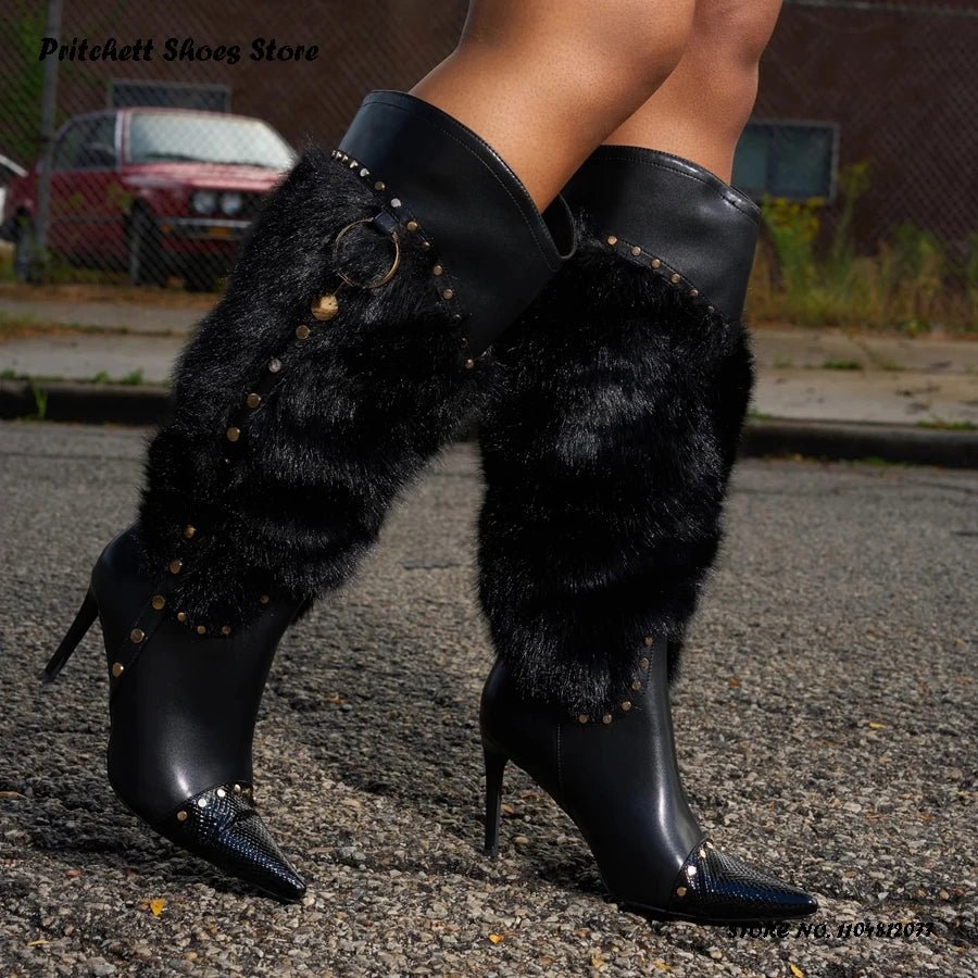 Studded Faux Fur Knee High Open Toe Stiletto Boots for Women