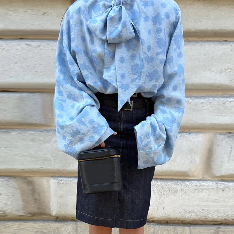 Elegant Printed Long Sleeve Lace Up Collar Blouse for Women