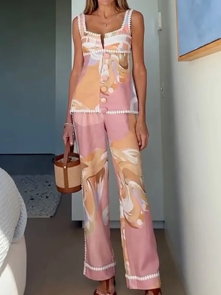 Sleeveless Cardigan Top Two Pieces Matching Sets, Women Summer Printed Patchwork Chic Outfit, V Neck Fashion Simple Ladies Suits