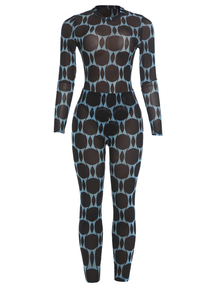 Mesh Patchwork Long Sleeve Two Piece Pants Set for Women