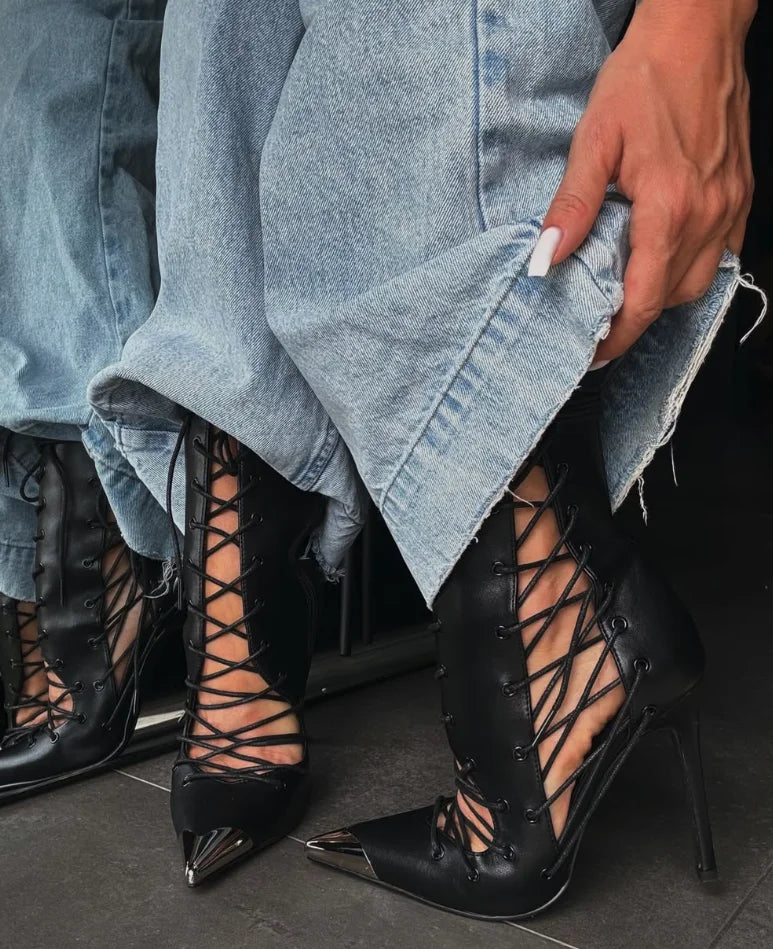 Lace Up Pointed Toe High Heel Ankle Boots for Women