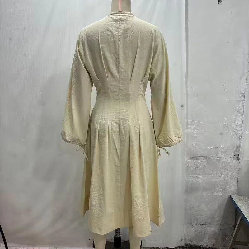 Lace Up Pleated Lantern Sleeve Midi Dress for Women