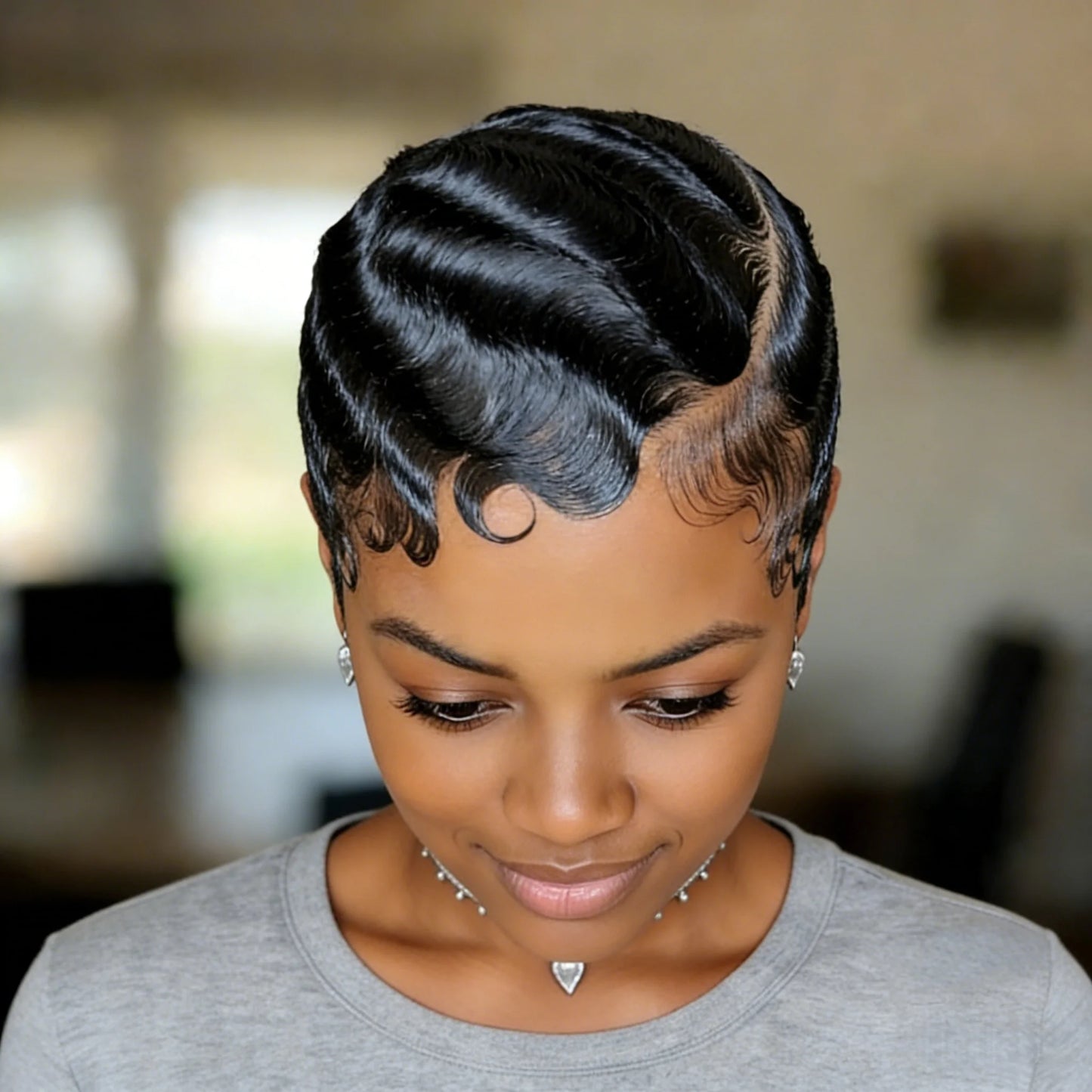 Short Pixie Cut Human Hair Wig with Finger Wave Texture 99j 4 black 13x4 Transparent Lace Front Pre-Plucked Hairline  Wig