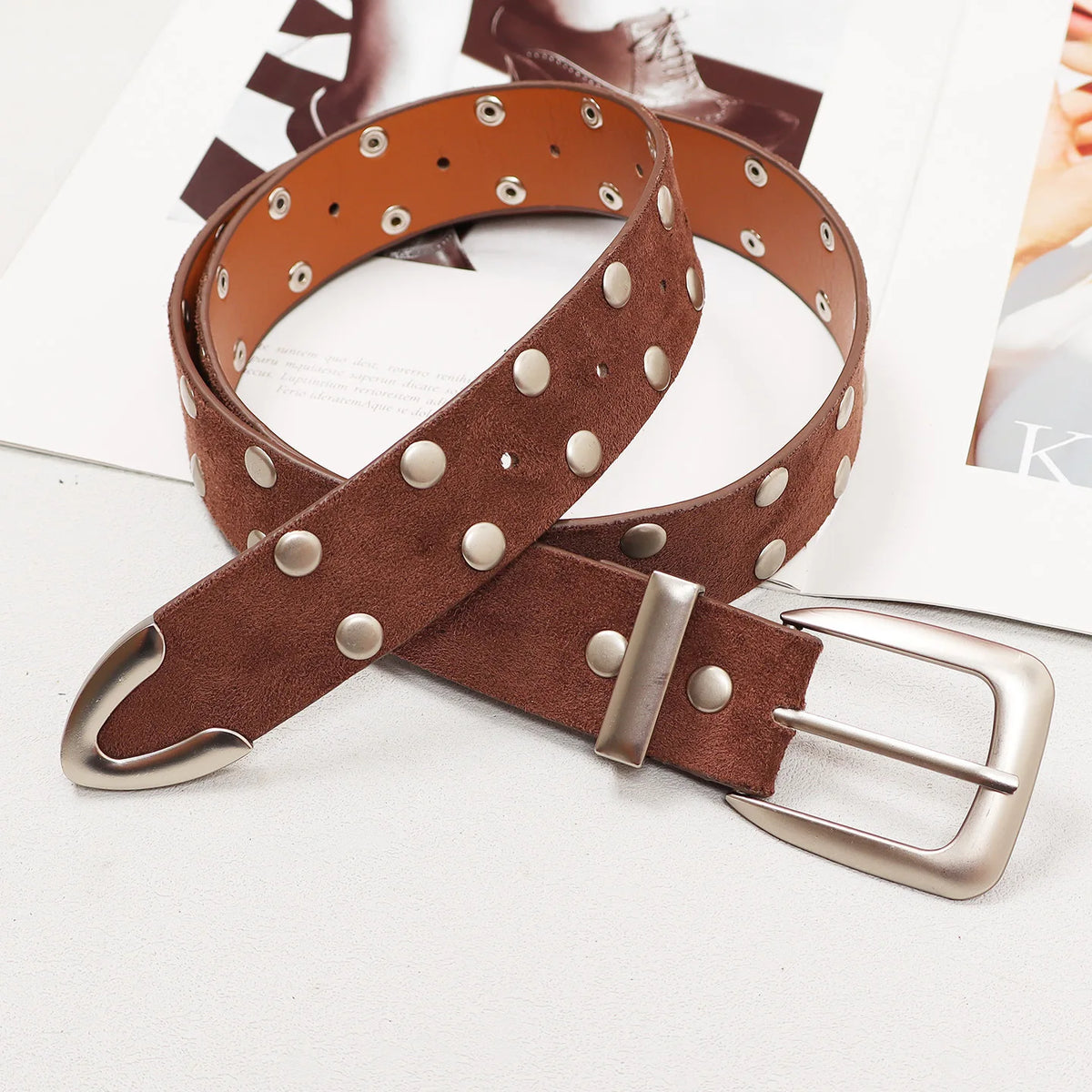 Retro Solid Color Suede Rivet Waist Belt for Women