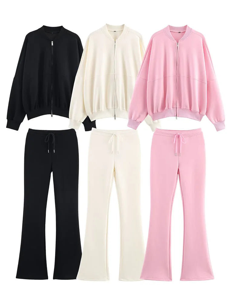 Solid Color Pilot Jacket and Lace-Up Flared Pants Two-Piece Set for Women