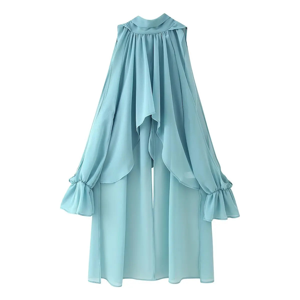Vintage Chiffon Tiered Ruffle Sleeve Blouse with High Neck for Women