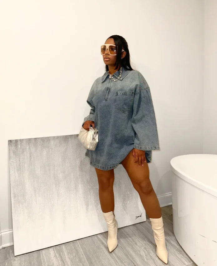 Joskaa Fashion Blue Denim Dress Women Hipster Lapel Zipper Pocket Full Sleeve Loose Mini Dresses 2025 Spring Vintage Streetwear