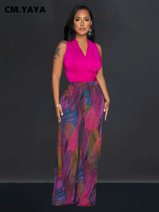 CM.YAYA Women's Set Wrap V-neck Tie Up Tank Top and Galaxy Striped Wide Leg Pants 2023 Street Two 2 Piece Sets Outfits Tracksuit