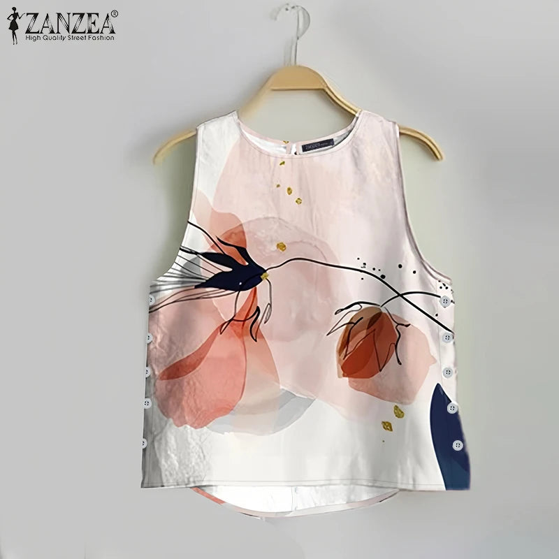 ZANZEA Womens 2025 Summer Casual Floral Printed Tank Tops Fashion O-Neck High-Low Sleeveless T-Shirts Day Wear Simple Camis Tops
