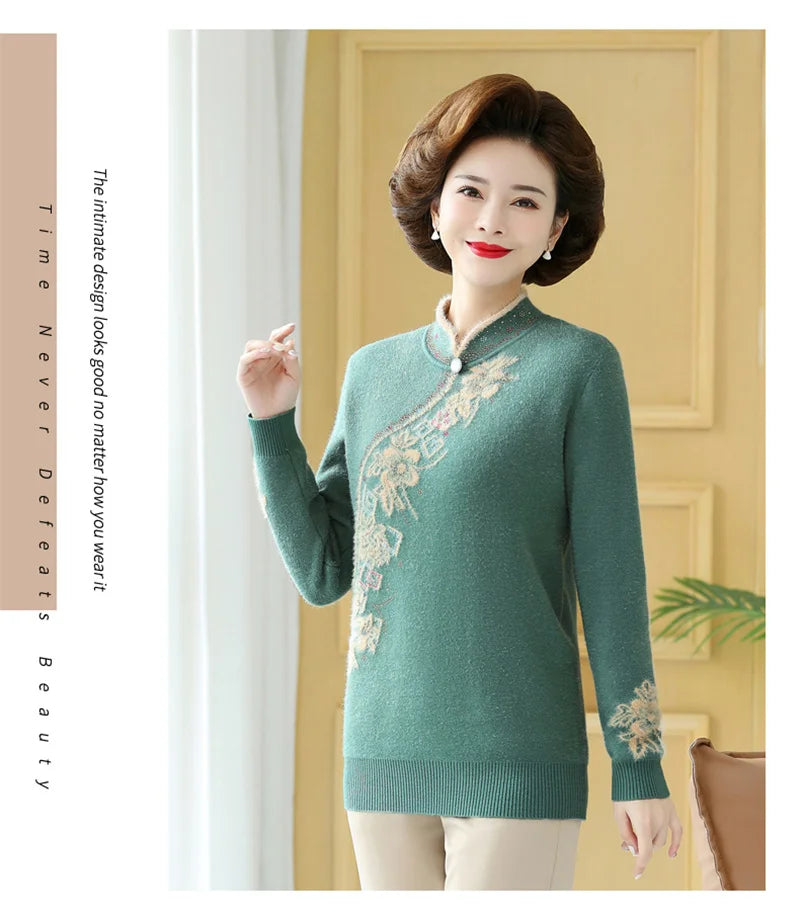 2025 Autumn New Mom's Velvet And Warm Knitted Embroidered Bottom Shirts Imitation Mink Fleece Winter Inner Plsh Thick Pullover