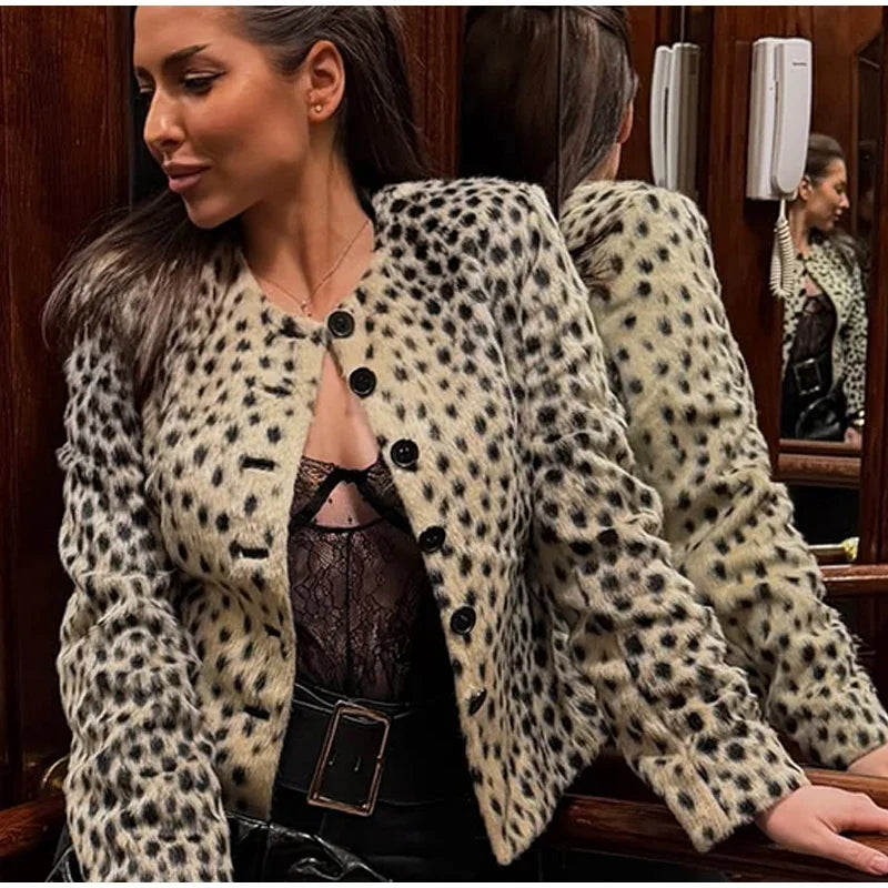 Leopard Print Faux Fur Single Breasted Crop Jacket for Women