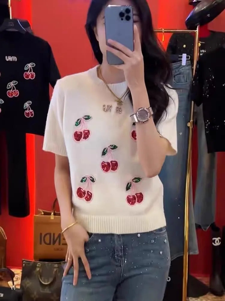 Sequined Beaded Cherry Knit Sweater Top With Short Sleeves for Women