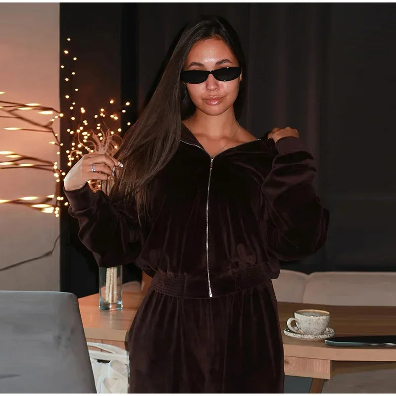 Chic Casual Velvet Hoodie Coat and Pants Set for Women