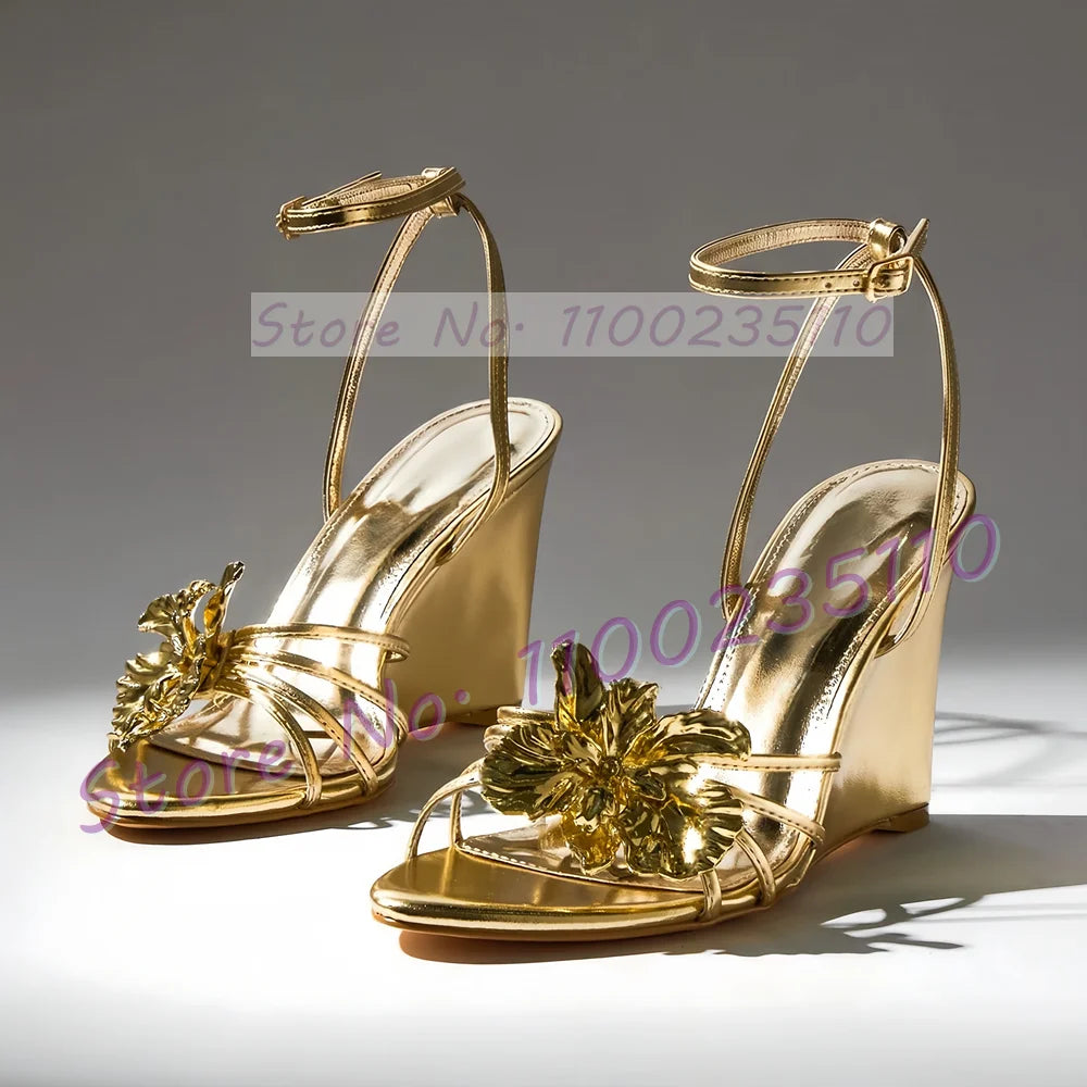 Chic Gold Mirror Wedge Sandals With Ankle Strap For Women