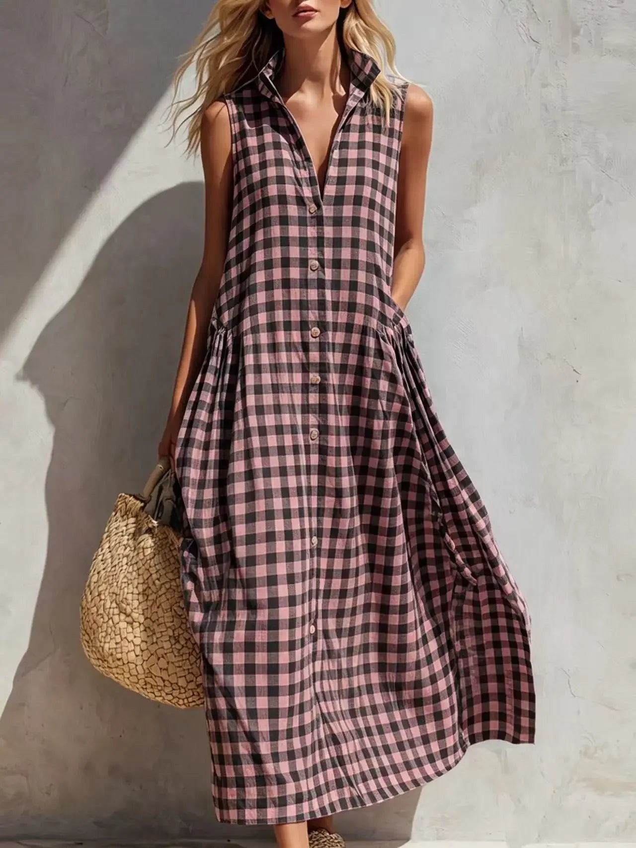 Loose Plaid Sleeveless Single Breasted Maxi Dress for Women