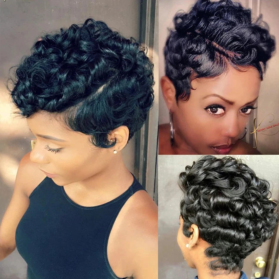 Glueless Salt And Pepper Curly Human Hair Pixie Wig for Women