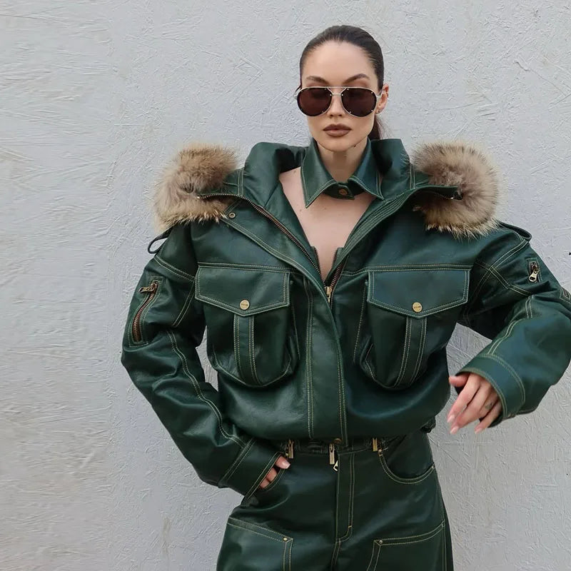 Fur Collar Women 's Leather Jackets Vintage Hooded Zipper Pockets Full Sleeve Jackets Lady 2025 New Woman Winter Coats Outwears