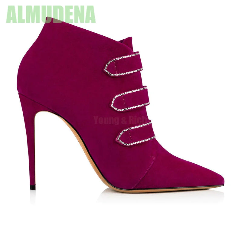 Rhinestone Pointed Toe Suede Thin High Heeled Ankle Boots For Women