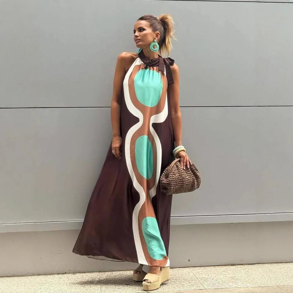 Casual Print Halter Neck Relaxed Fit Maxi Dress for Women