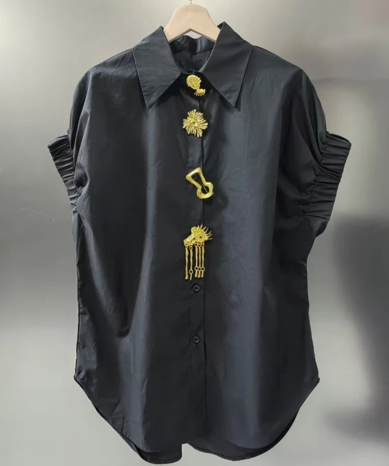 Removable Sequins Short Sleeve Blouse Black White for Women