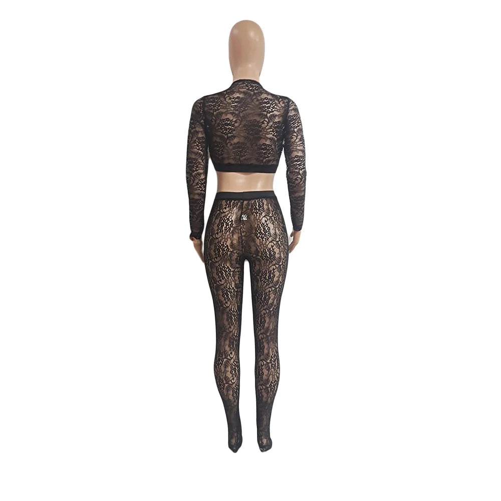 Lace Sheer Two Piece Set With Deep V Crop Tops for Women