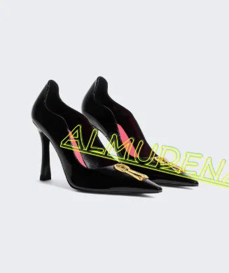 Black Leather Pointed Toe Stiletto Pumps With Buckle Strap For Women