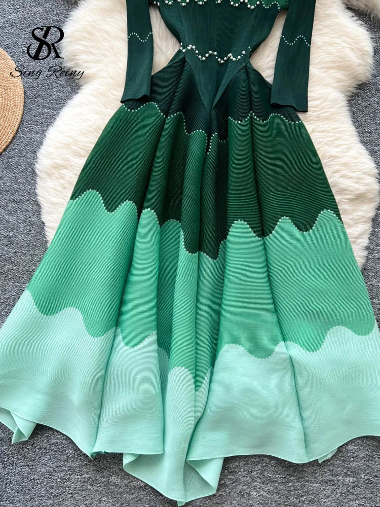 Wave Print Long Sleeve Ankle Length Evening Dress for Women
