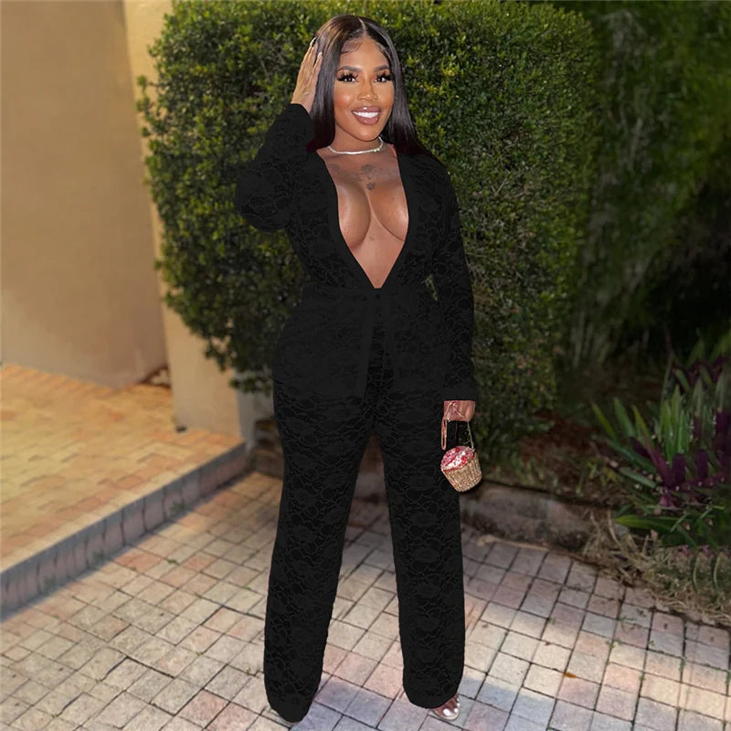 Sexy Lace Sheer Open Stitch Two Piece Set for Women