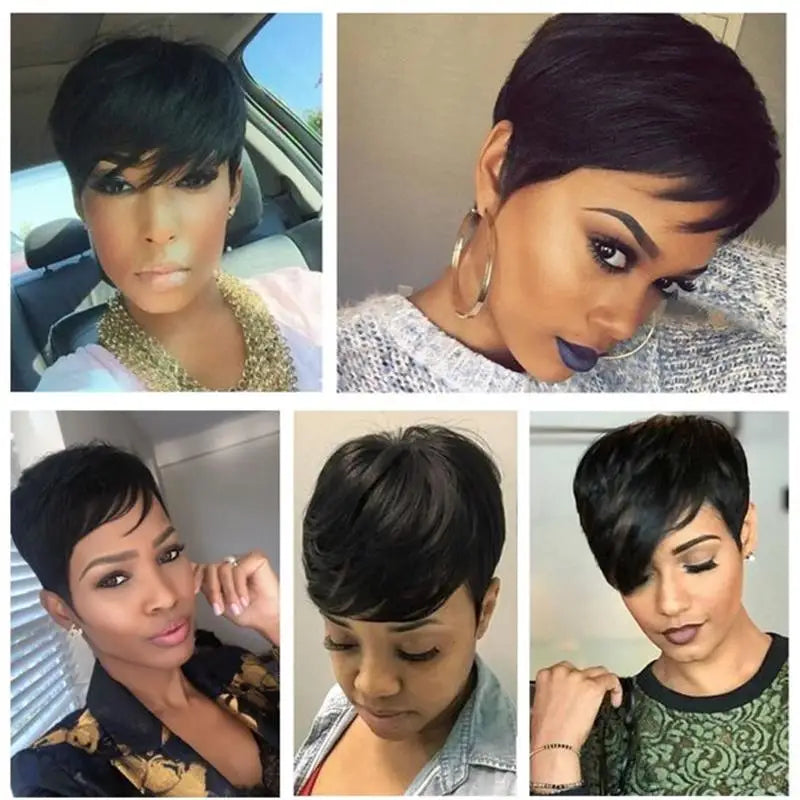 Layered Human Hair Pixie Bob Wig With Bangs for Women