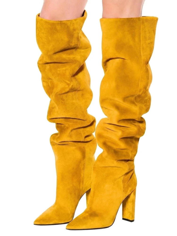 Beige Square Heel Slip-On Over-the-Knee Boots for Women