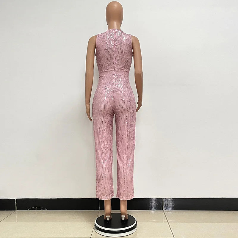 Elegant Silver Sequined Straight Cut Jumpsuit for Women