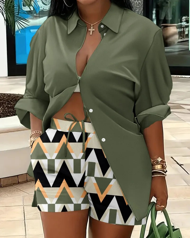Casual Geometric Print Shirt Shorts Two Piece Set for Women