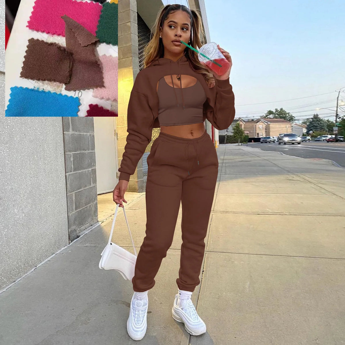 Three-Piece Hooded Sporty Matching Tracksuit Set for Women