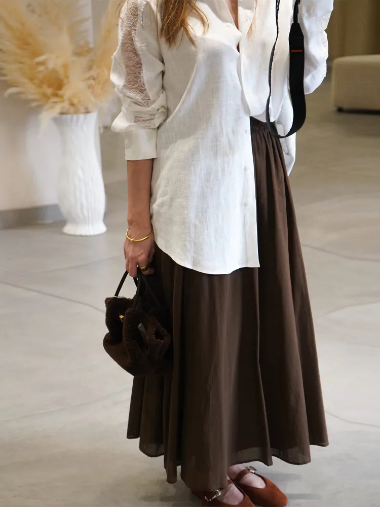 Elegant Lace Patchwork Long Sleeve Top With Turn Down Collar for Women