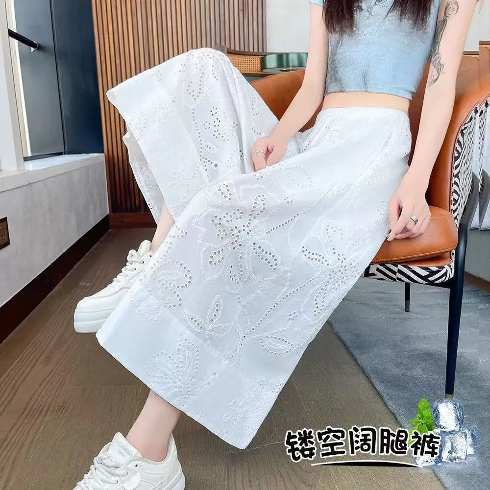 Hollow Out White Summer Wide Leg Cotton Pants for Women