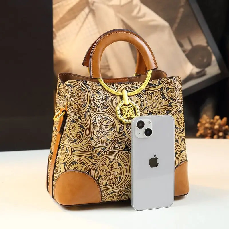 Retro Cowhine Carved Women Bag Handhold Bucket Leather Commuting Shoulder Underarm Crossbody Bags for Women