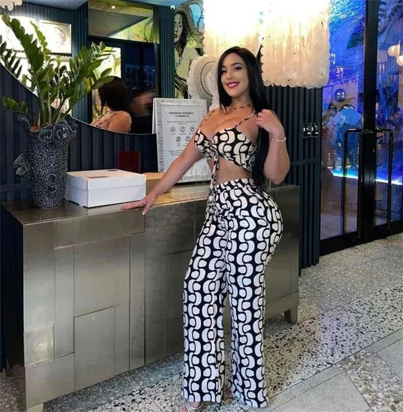 Black White Print 2 Piece Outfit Set Women Clubwear Hollow Out Spaghetti Strap Lace-up Crop Top and Wide Leg Pants Matching Sets