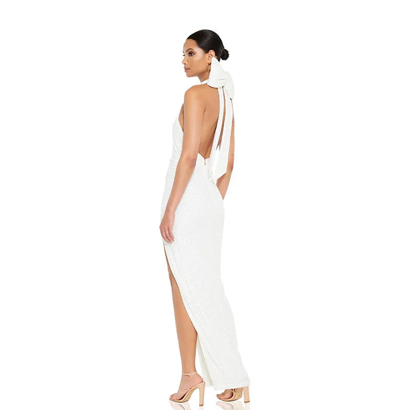 Glitter Sequin Bow Halter Elegant Maxi Dress for Women