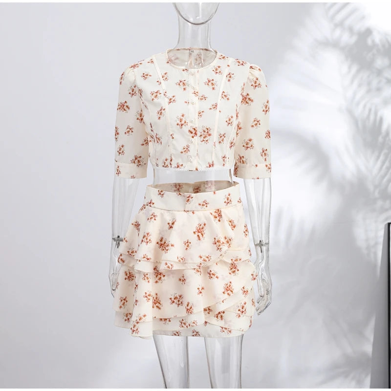 Floral Print Puff Sleeve Chiffon Pleated Two Piece Skirt Set For Women