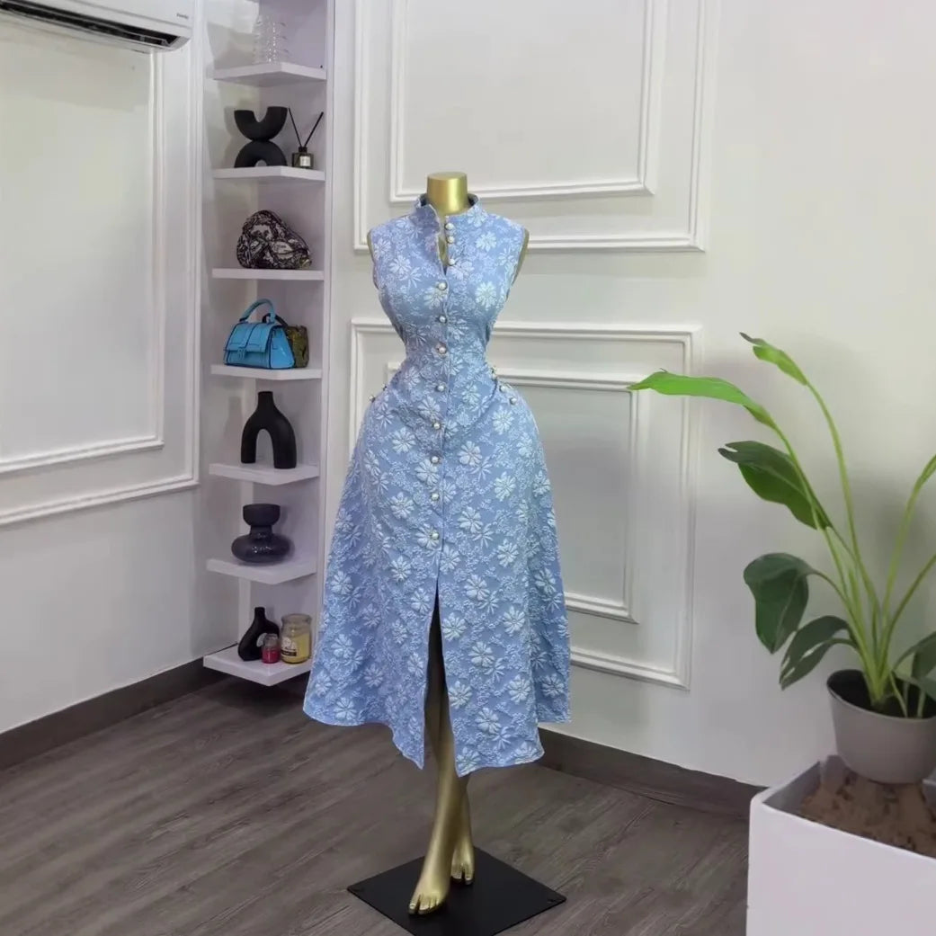 Elegant Sleeveless Stand Collar Midi Dress for Women