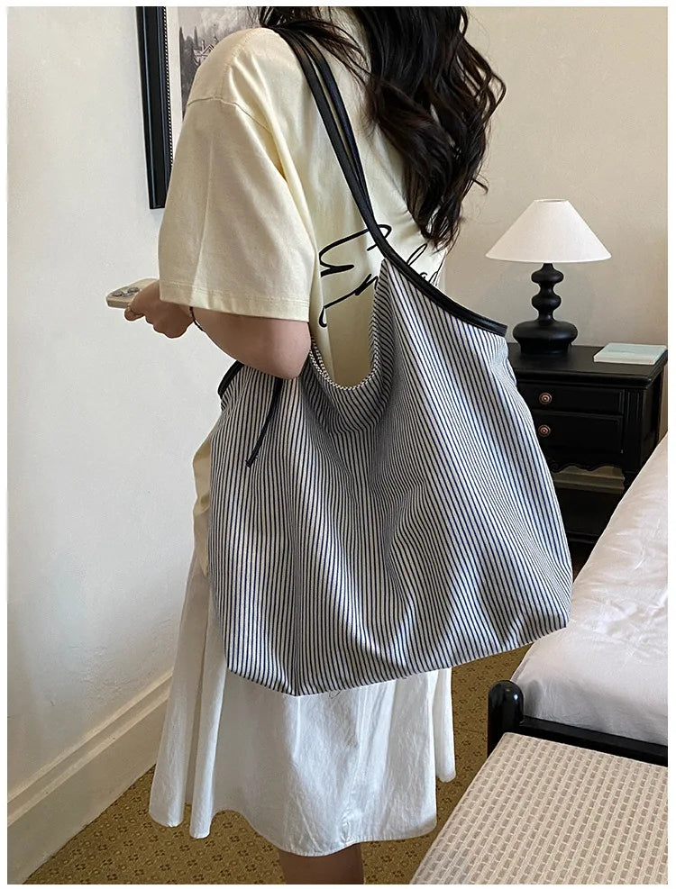 Casual Stripe Canvas Lightweight Shoulder Tote Bag for Women