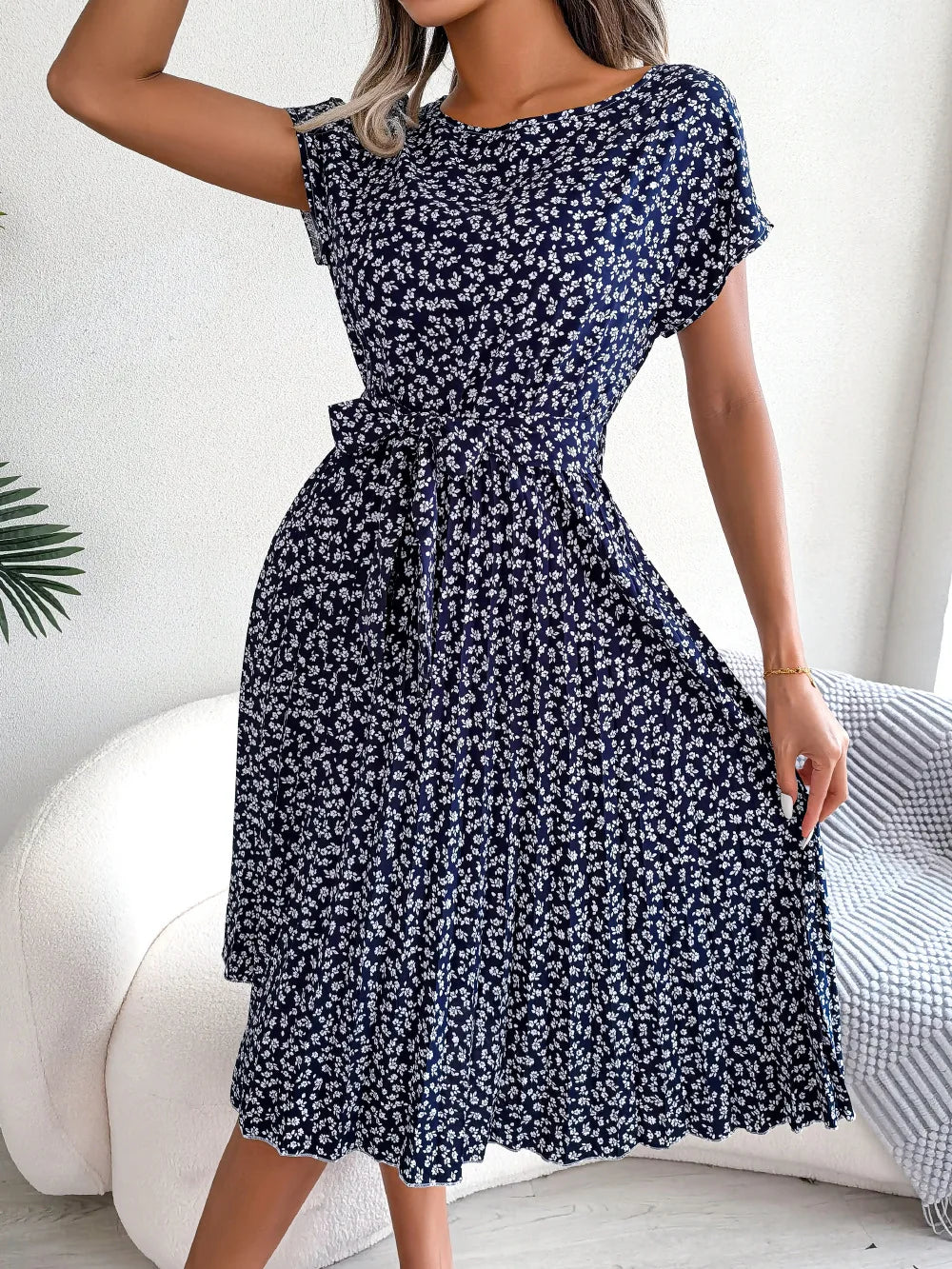 Chic Casual Pleated Short Sleeve Midi Dress for Women